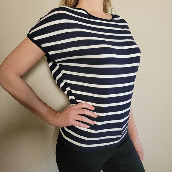 LOFT Top Womens Small Blue White Navy Stripe Cap Sleeve Sweater Shirt Blouse - Picture 7 of 8